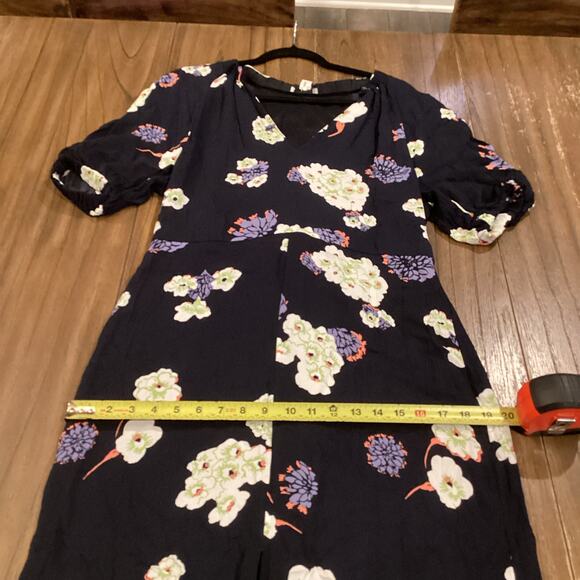 Lewit Navy Blue Floral short Dress Puff Half Sleeves Sheath Split Hem 10 viscose - Picture 2 of 11